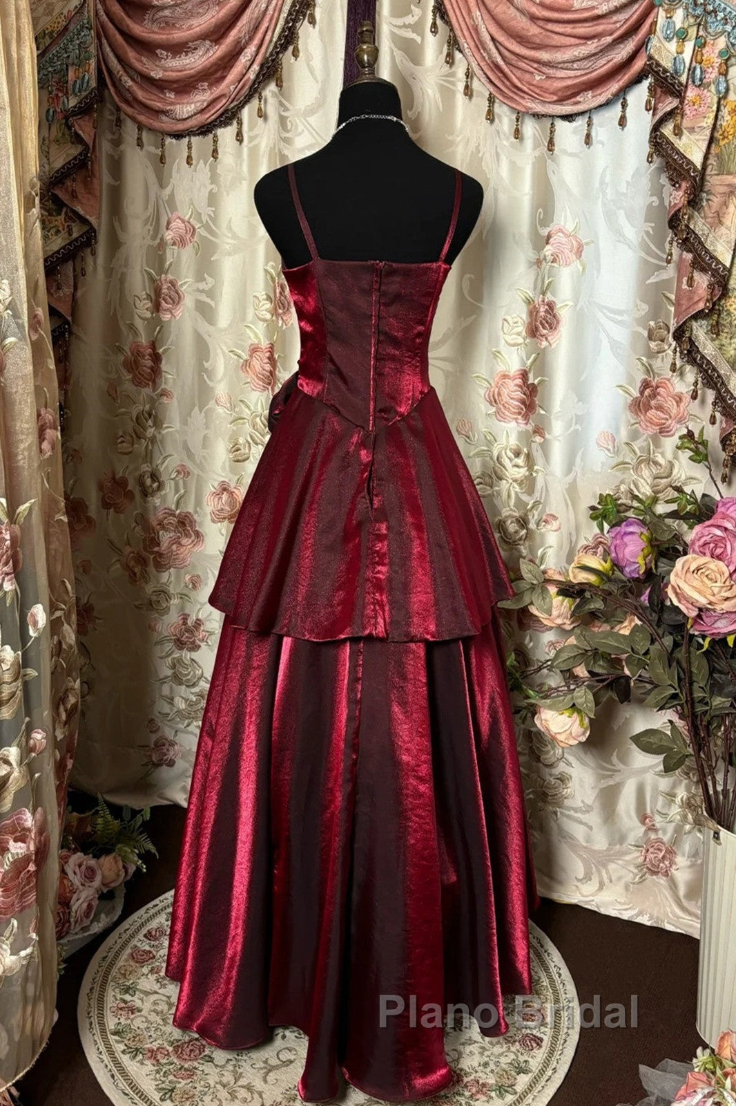 Wine Red Straps Sweetheart Vintage Style Party Dresses, Wine Red Formal Prom Dresses Secondary image