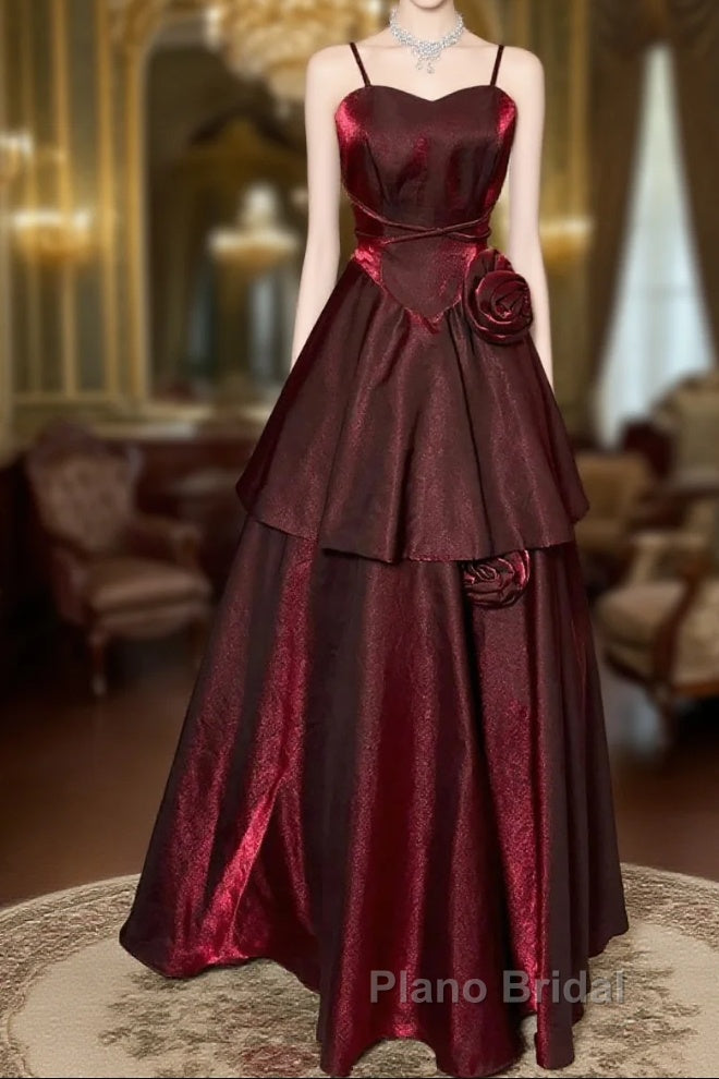 Wine Red Straps Sweetheart Vintage Style Party Dresses, Wine Red Formal Prom Dresses Main image