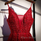 Wine Red Straps V-Neckline Lace Applique Long Formal Prom Dresses, Dark Red Formal Dresses