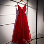 Wine Red Straps V-Neckline Lace Applique Long Formal Prom Dresses, Dark Red Formal Dresses