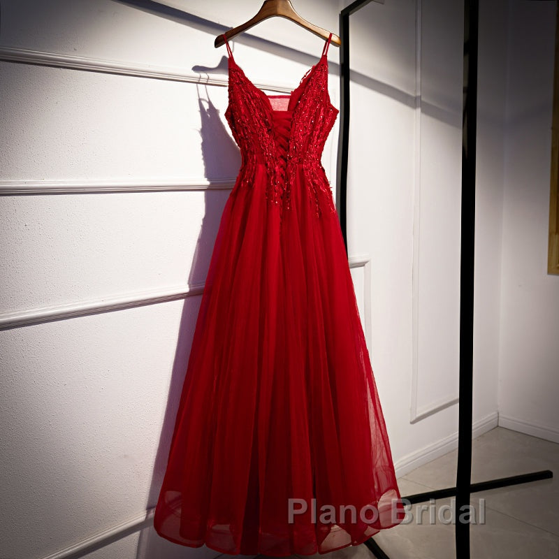 Wine Red Straps V-Neckline Lace Applique Long Formal Prom Dresses, Dark Red Formal Dresses