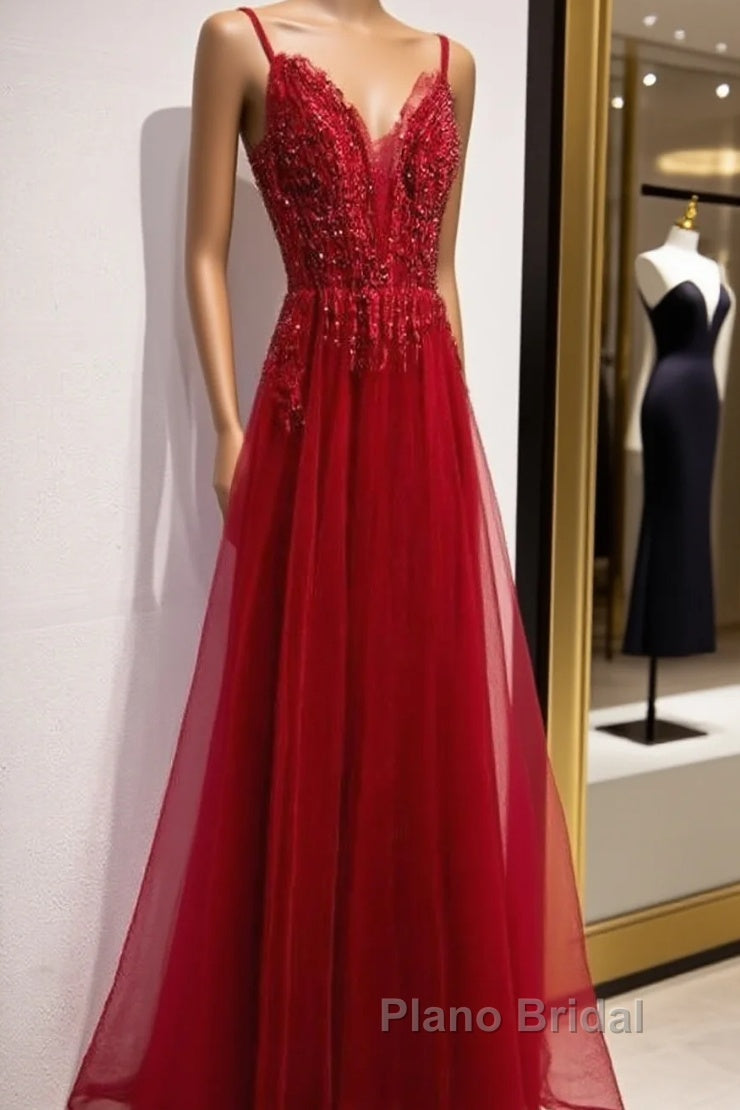 Wine Red Straps V-Neckline Lace Applique Long Formal Prom Dresses, Dark Red Formal Dresses Main image
