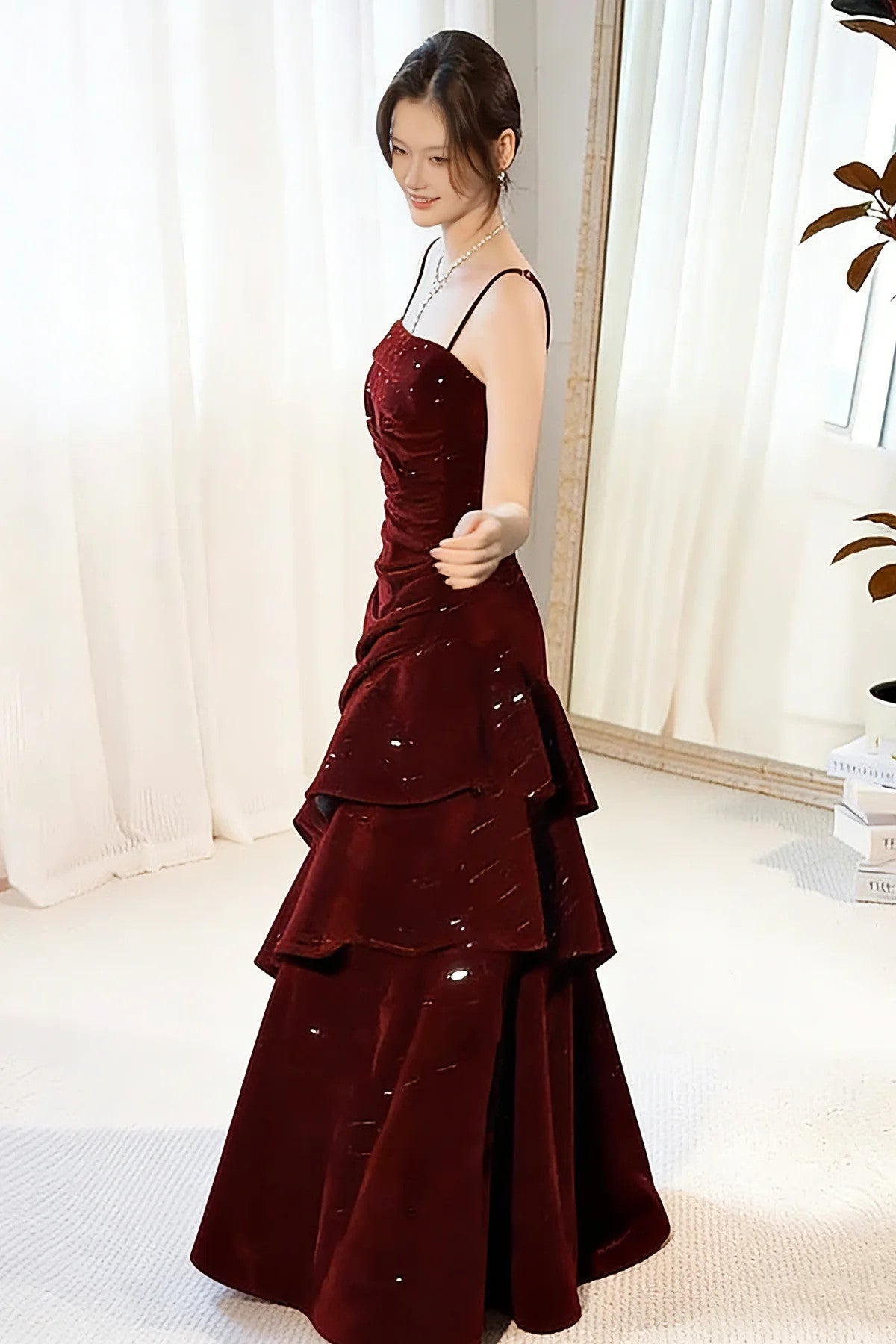 Wine Red Straps Velvet Long Formal Dresses, Wine Red Velvet Layers Formal Prom Dresses Formal Evening Dresses Secondary image