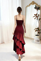 Wine Red Straps Velvet Long Formal Dresses, Wine Red Velvet Layers Formal Prom Dresses Formal Evening Dresses