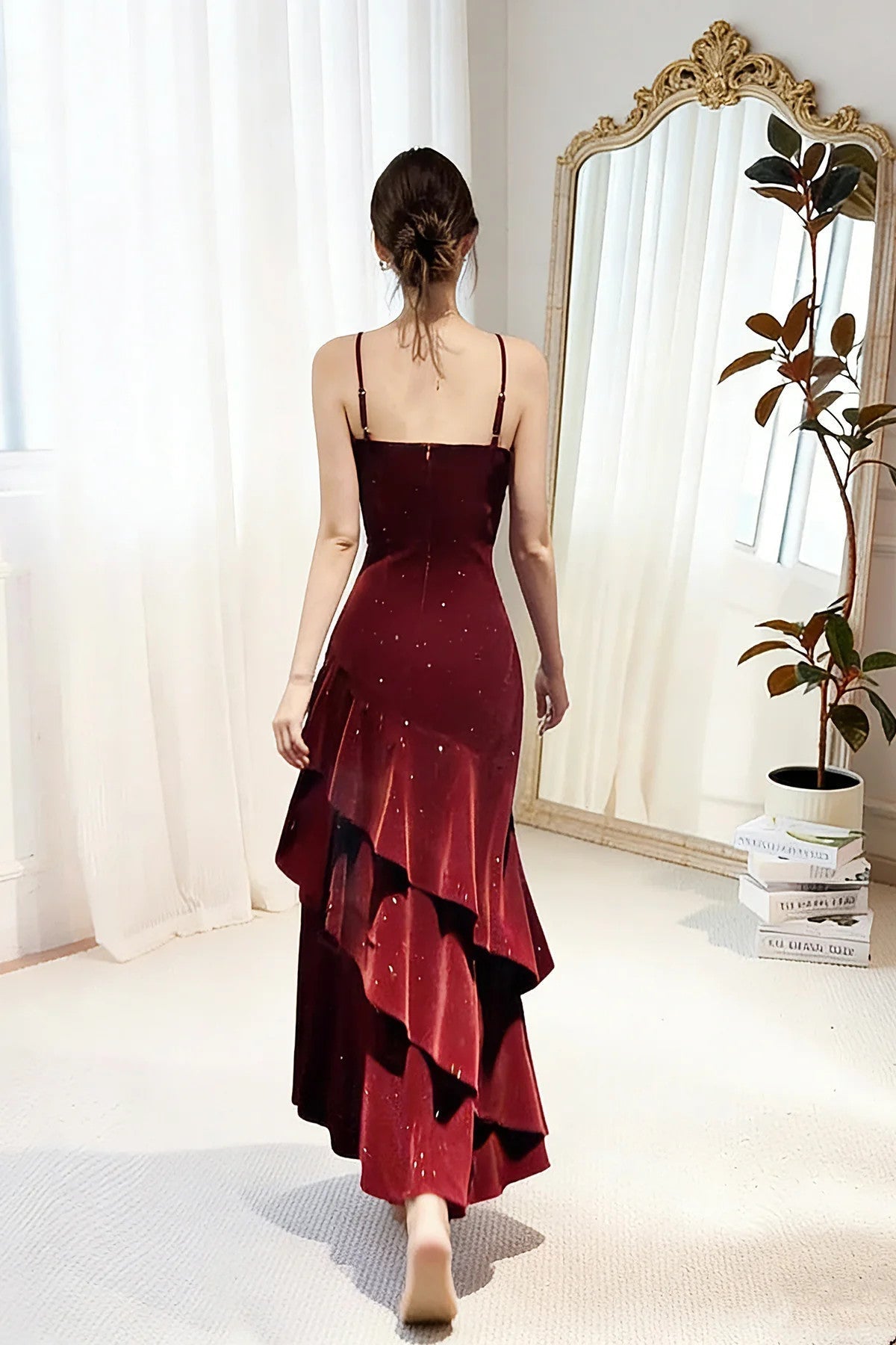 Wine Red Straps Velvet Long Formal Dresses, Wine Red Velvet Layers Formal Prom Dresses Formal Evening Dresses