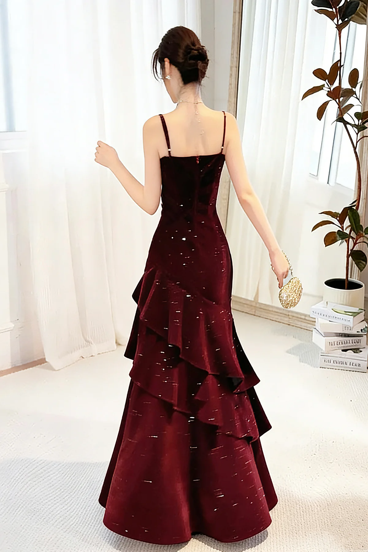 Wine Red Straps Velvet Long Formal Dresses, Wine Red Velvet Layers Formal Prom Dresses Formal Evening Dresses