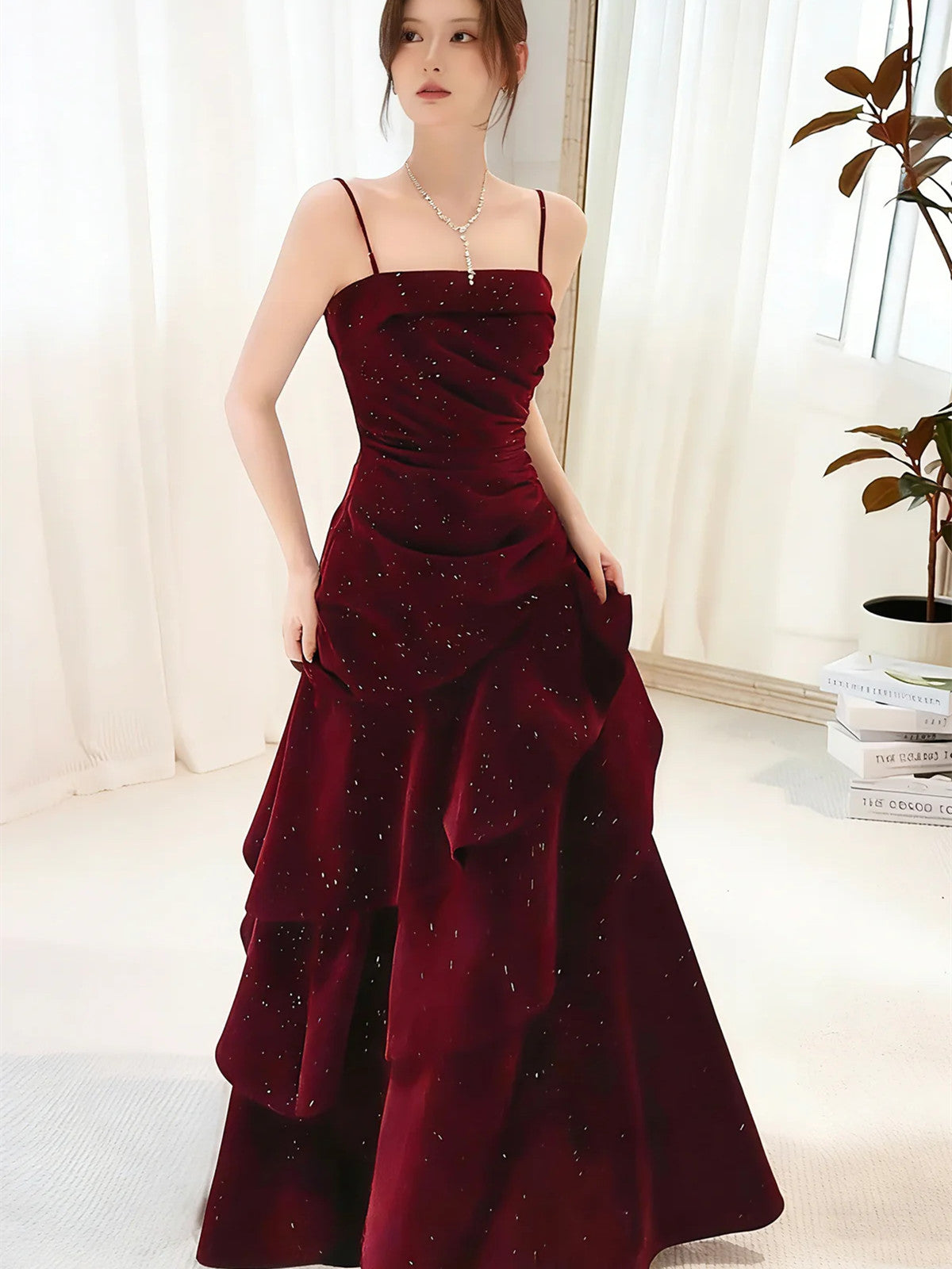 Wine Red Straps Velvet Long Formal Dresses, Wine Red Velvet Layers Formal Prom Dresses Formal Evening Dresses Main image