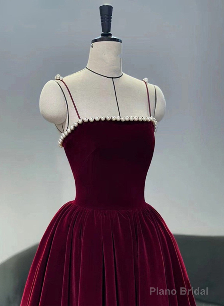 Wine Red Straps Velvet Party Dress with Pearls, Wine Red Tea Length Formal Dress Secondary image