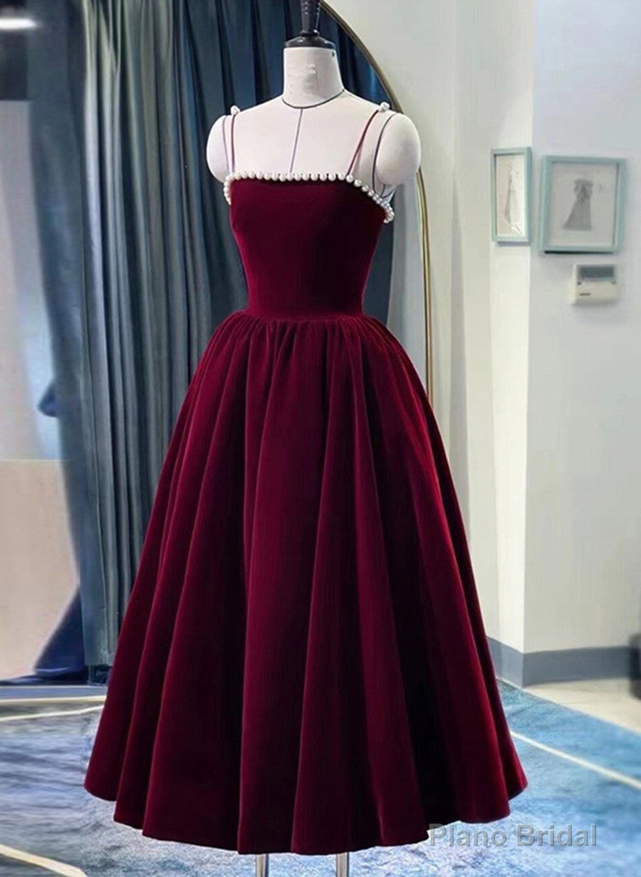 Wine Red Straps Velvet Party Dress with Pearls, Wine Red Tea Length Formal Dress Main image