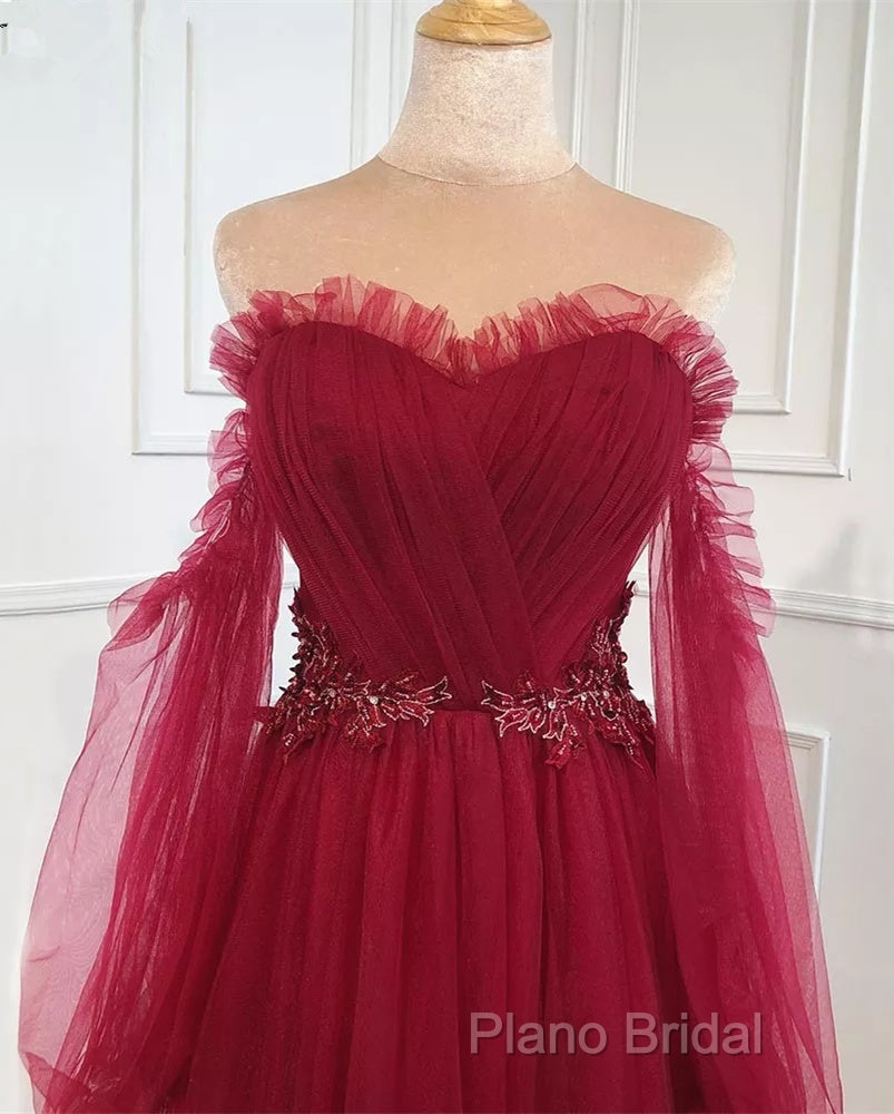 Wine Red Sweetheart Beaded Off Shoulder Party Dresses, Wine Red Bridesmaid Dresses