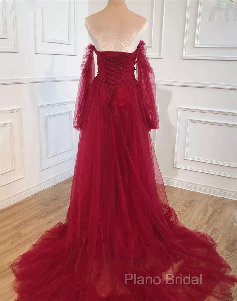Wine Red Sweetheart Beaded Off Shoulder Party Dresses, Wine Red Bridesmaid Dresses