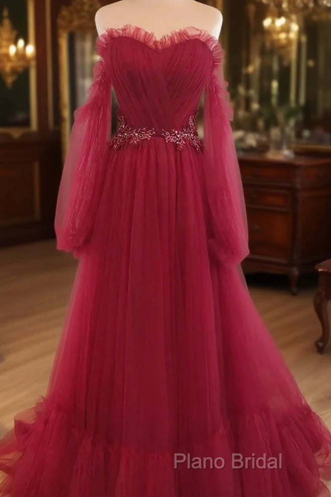 Wine Red Sweetheart Beaded Off Shoulder Party Dresses, Wine Red Bridesmaid Dresses