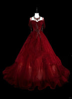 Wine Red Sweetheart Beaded Tulle Formal Dresses, Off Shoulder Sweet 16 Dresses
