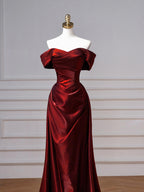 Wine Red Sweetheart Floor Length Party Dresses, Off Shoulder Wine Red Satin Formal Prom Dresses