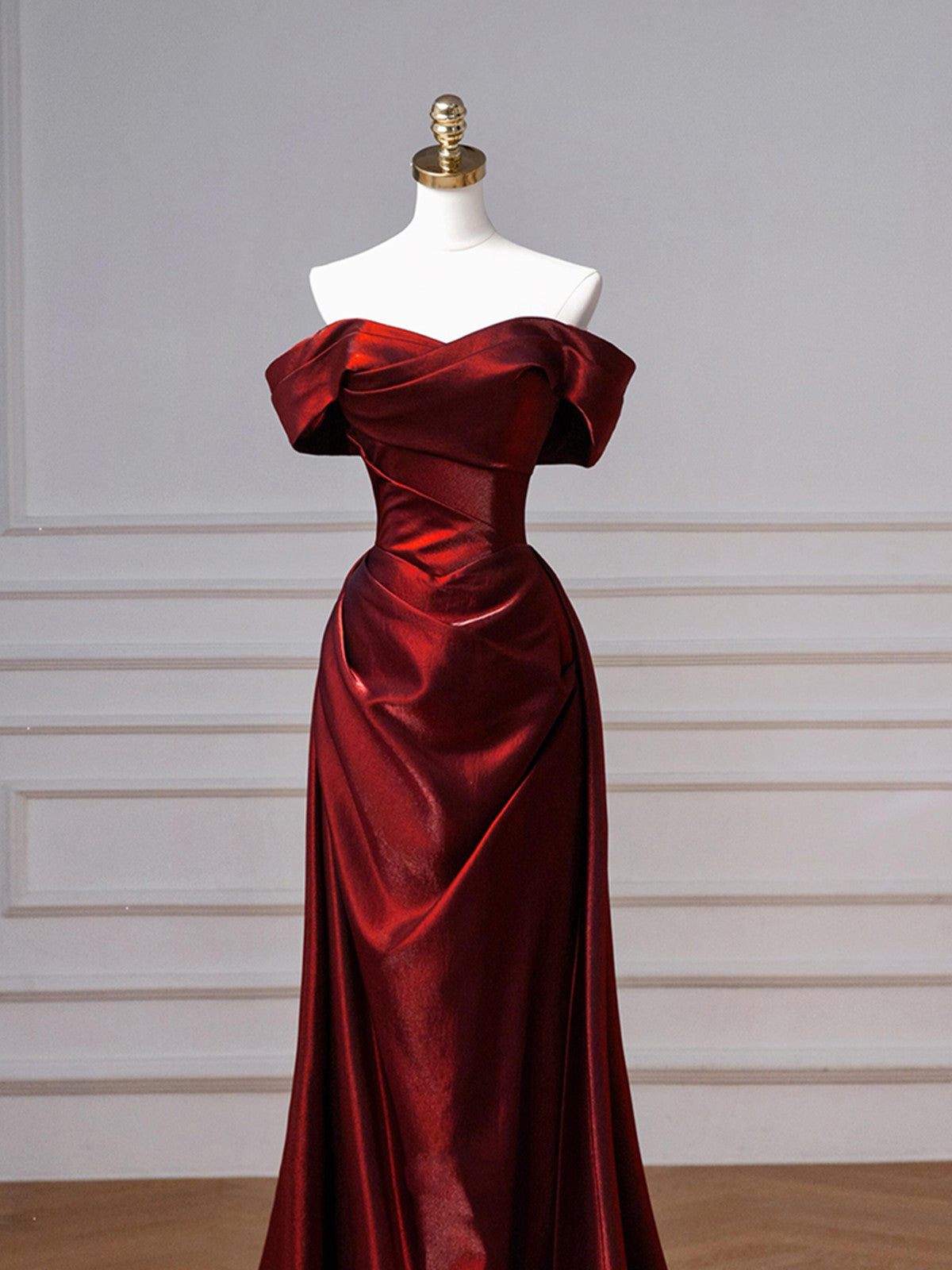 Wine Red Sweetheart Floor Length Party Dresses, Off Shoulder Wine Red Satin Formal Prom Dresses