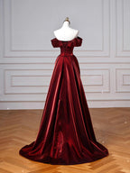 Wine Red Sweetheart Floor Length Party Dresses, Off Shoulder Wine Red Satin Formal Prom Dresses