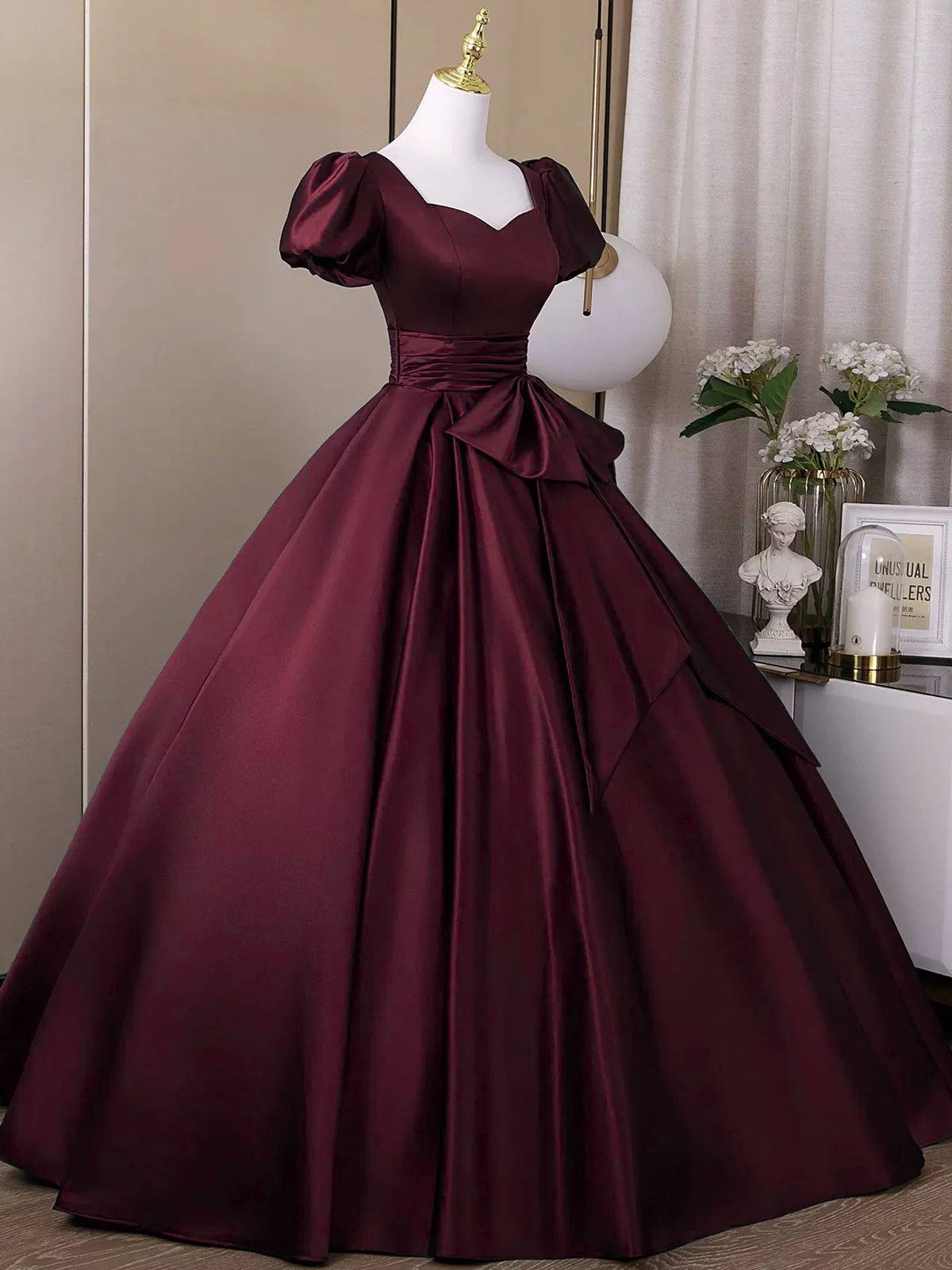 Wine Red Sweetheart Satin Long Formal Dresses, Short Sleeves Wine Red Formal Prom Dresses Secondary image