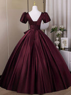 Wine Red Sweetheart Satin Long Formal Dresses, Short Sleeves Wine Red Formal Prom Dresses