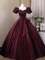 Wine Red Sweetheart Satin Long Formal Dresses, Short Sleeves Wine Red Formal Prom Dresses