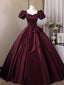 Wine Red Sweetheart Satin Long Formal Dresses, Short Sleeves Wine Red Formal Prom Dresses