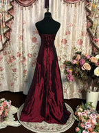 Wine Red Taffeta Scoop Long Formal Dresses, Wine Red Taffeta A-Line Formal Prom Dresses Formal Evening Dresses