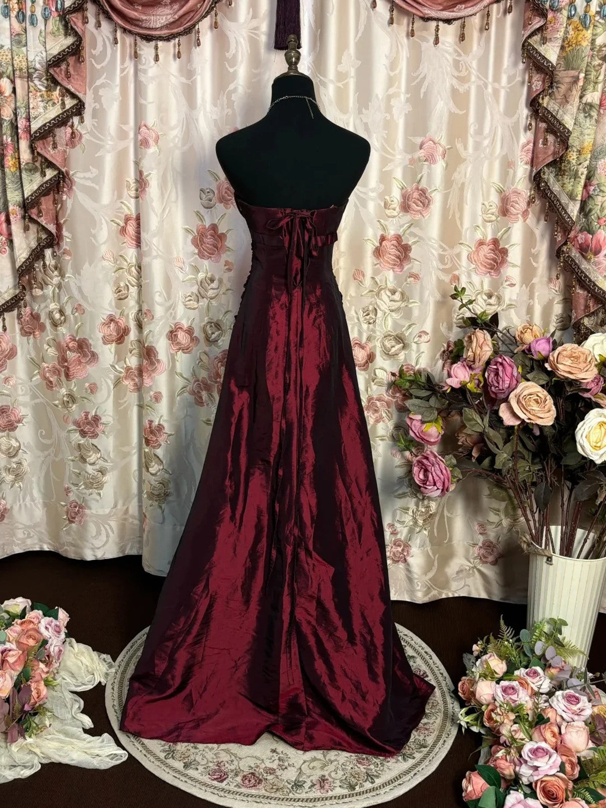Wine Red Taffeta Scoop Long Formal Dresses, Wine Red Taffeta A-Line Formal Prom Dresses Formal Evening Dresses