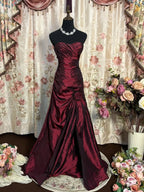 Wine Red Taffeta Scoop Long Formal Dresses, Wine Red Taffeta A-Line Formal Prom Dresses Formal Evening Dresses