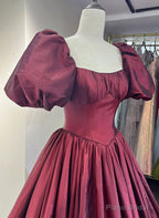 Wine Red Taffeta Short Sleeves Long Formal Dress, Wine Red Evening Dress Prom Dress