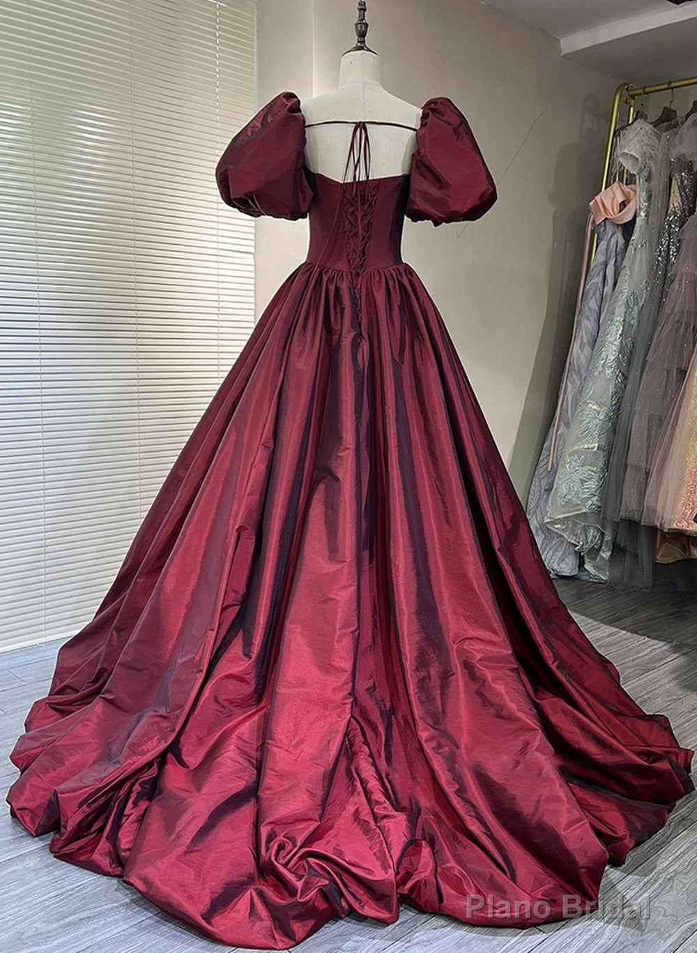 Wine Red Taffeta Short Sleeves Long Formal Dress, Wine Red Evening Dress Prom Dress Secondary image