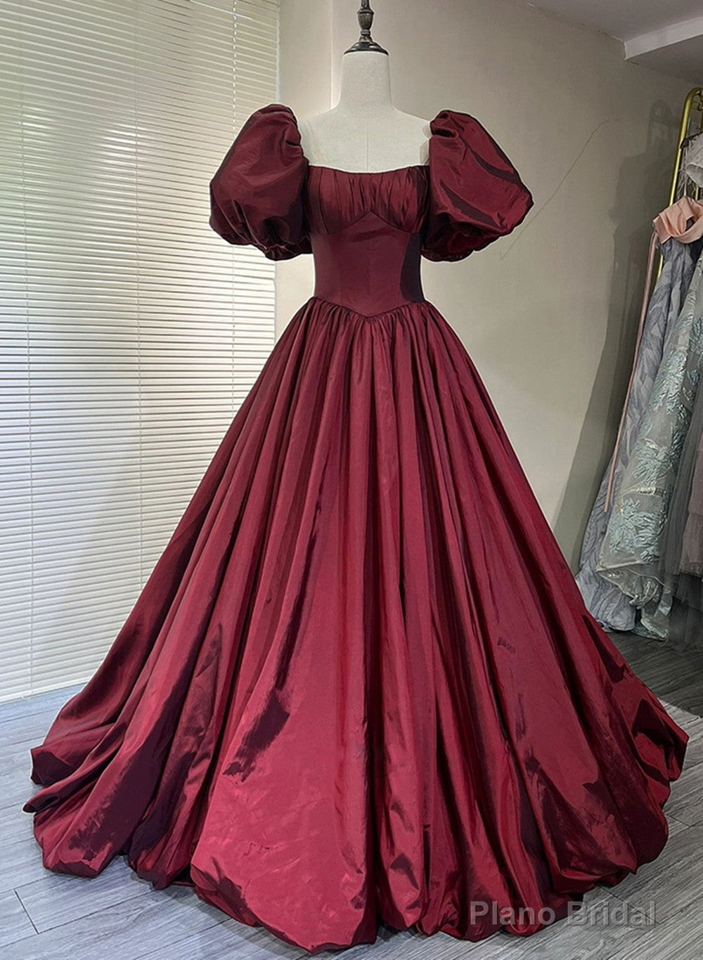 Wine Red Taffeta Short Sleeves Long Formal Dress, Wine Red Evening Dress Prom Dress Main image