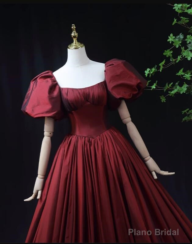 Wine Red Taffeta Short Sleeves Long Prom Dress, Wine Red Evening Dress Formal Dress
