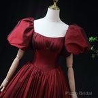 Wine Red Taffeta Short Sleeves Long Prom Dress, Wine Red Evening Dress Formal Dress