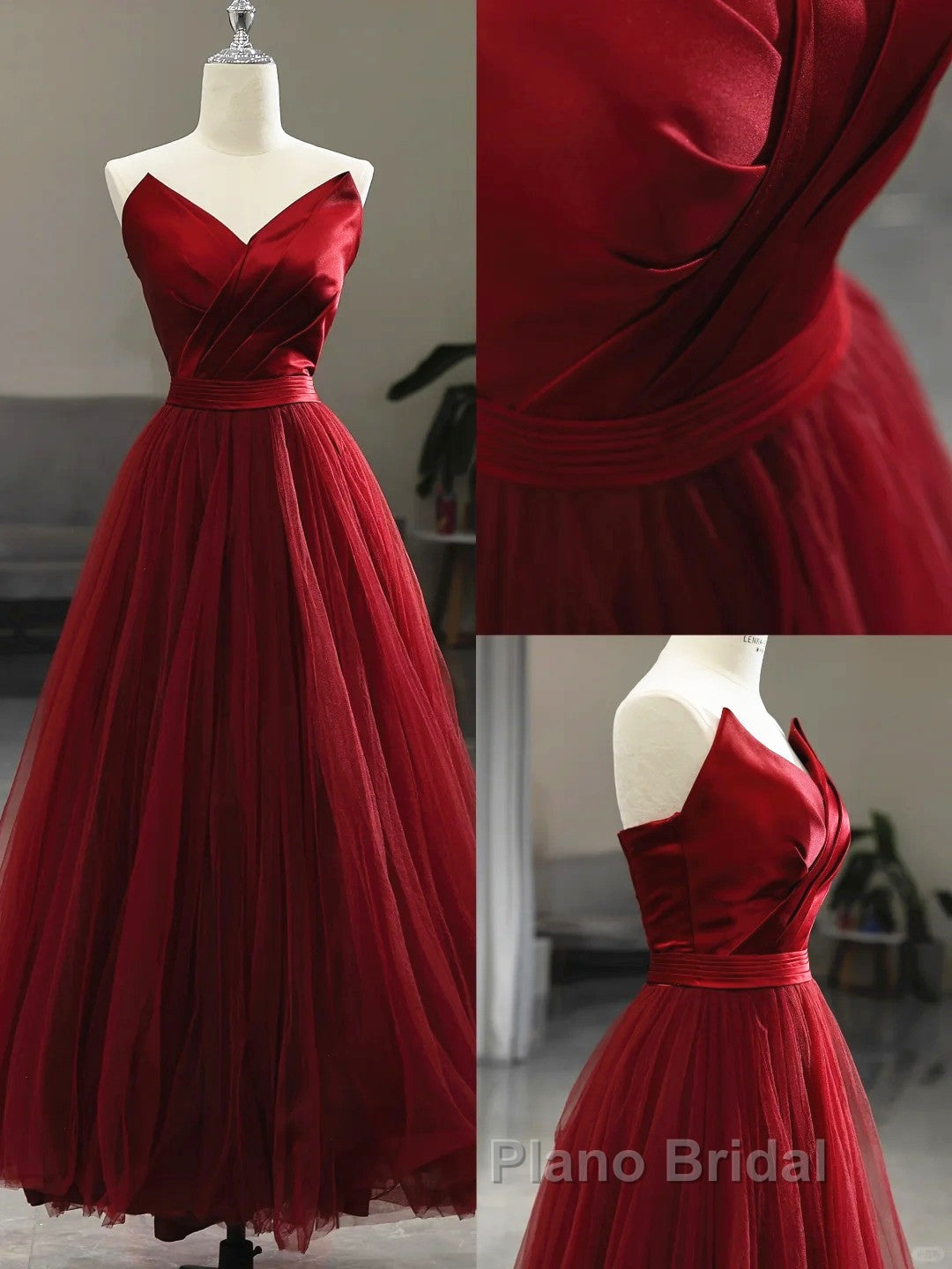 Wine Red Tea Length Tulle V-Neckline Formal Prom Dresses, Wine Red Tulle Party Dresses