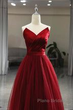 Wine Red Tea Length Tulle V-Neckline Formal Prom Dresses, Wine Red Tulle Party Dresses