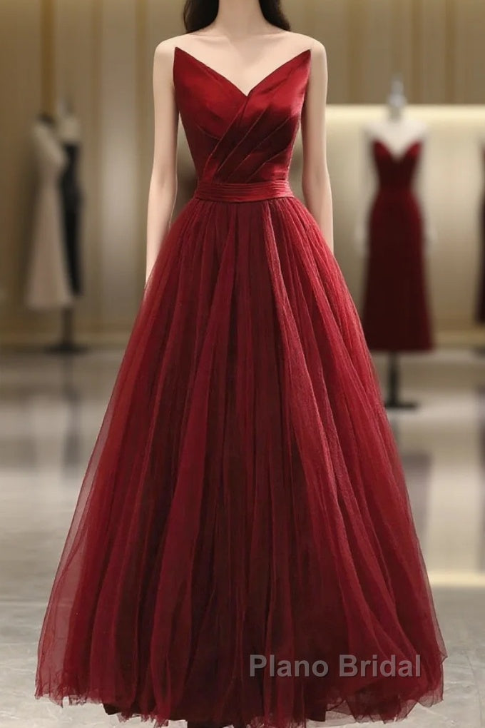 Wine Red Tea Length Tulle V-Neckline Formal Prom Dresses, Wine Red Tulle Party Dresses Main image