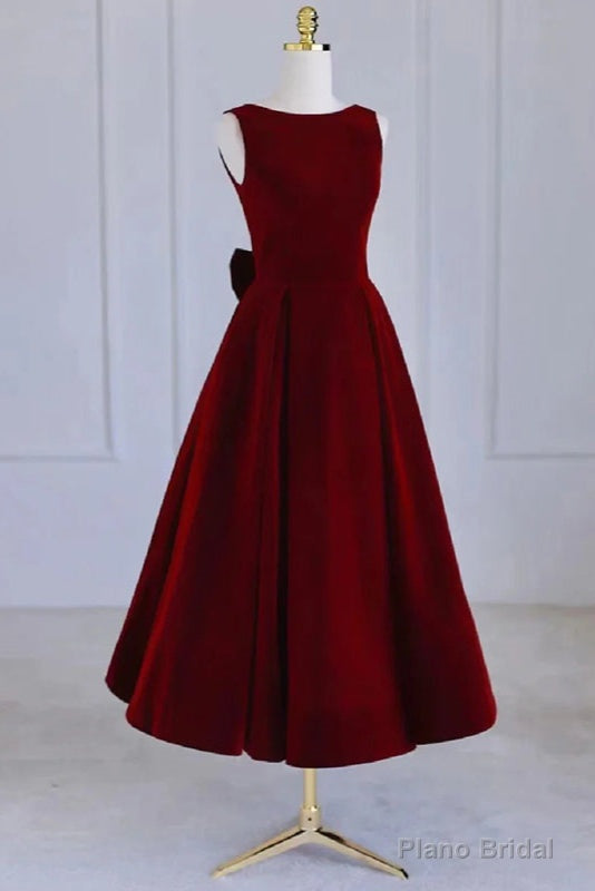 Wine Red Tea Length Velvet Party Dress with Bow, Burgundy Wedding Party Dresses Secondary image