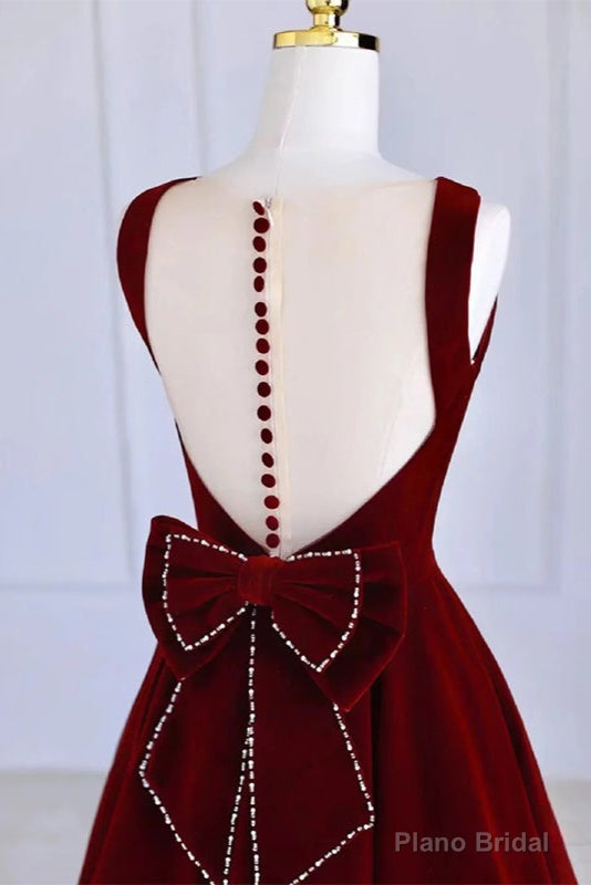Wine Red Tea Length Velvet Party Dress with Bow, Burgundy Wedding Party Dresses