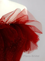 Wine Red Tull A-Line Scoop Long Formal Prom Dresses, Wine Red Tulle Evening Dresses