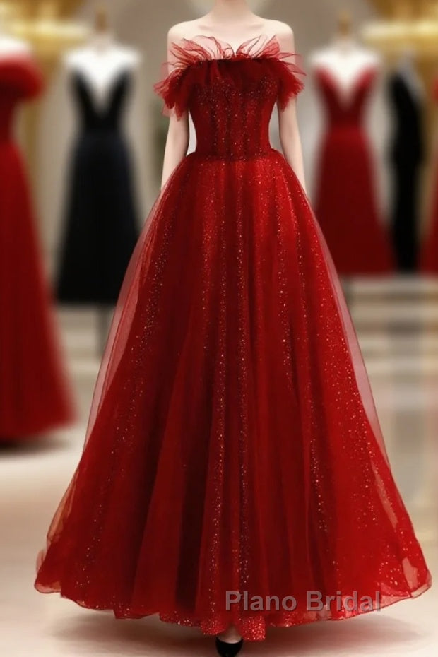 Wine Red Tull A-Line Scoop Long Formal Prom Dresses, Wine Red Tulle Evening Dresses Main image