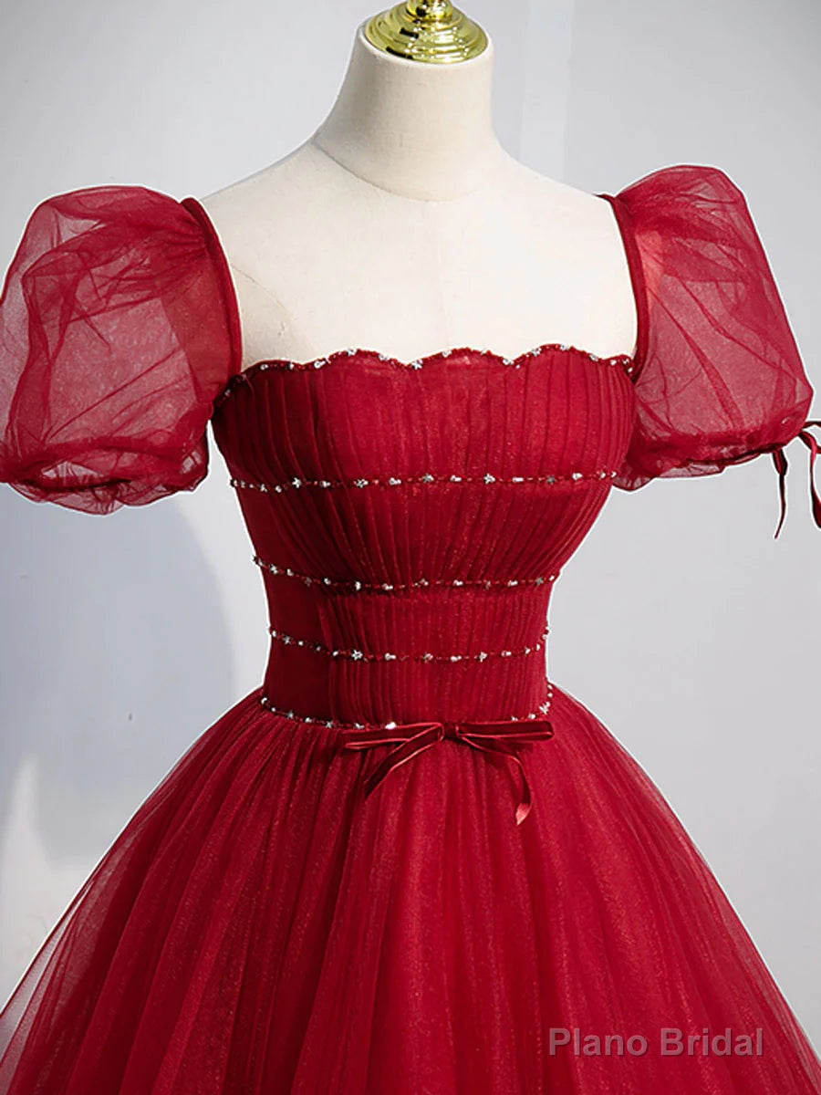 Wine Red Tulle A-line Beaded Long Prom Dress, Wine Red Formal Dress Party Dress Secondary image