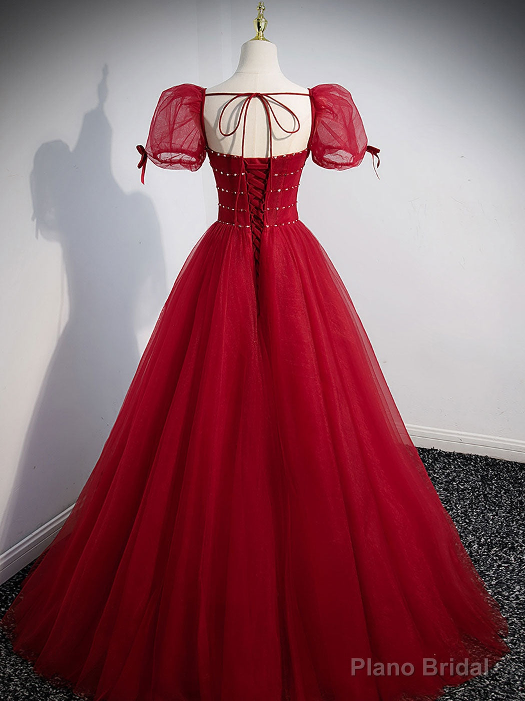 Wine Red Tulle A-line Beaded Long Prom Dress, Wine Red Formal Dress Party Dress Main image