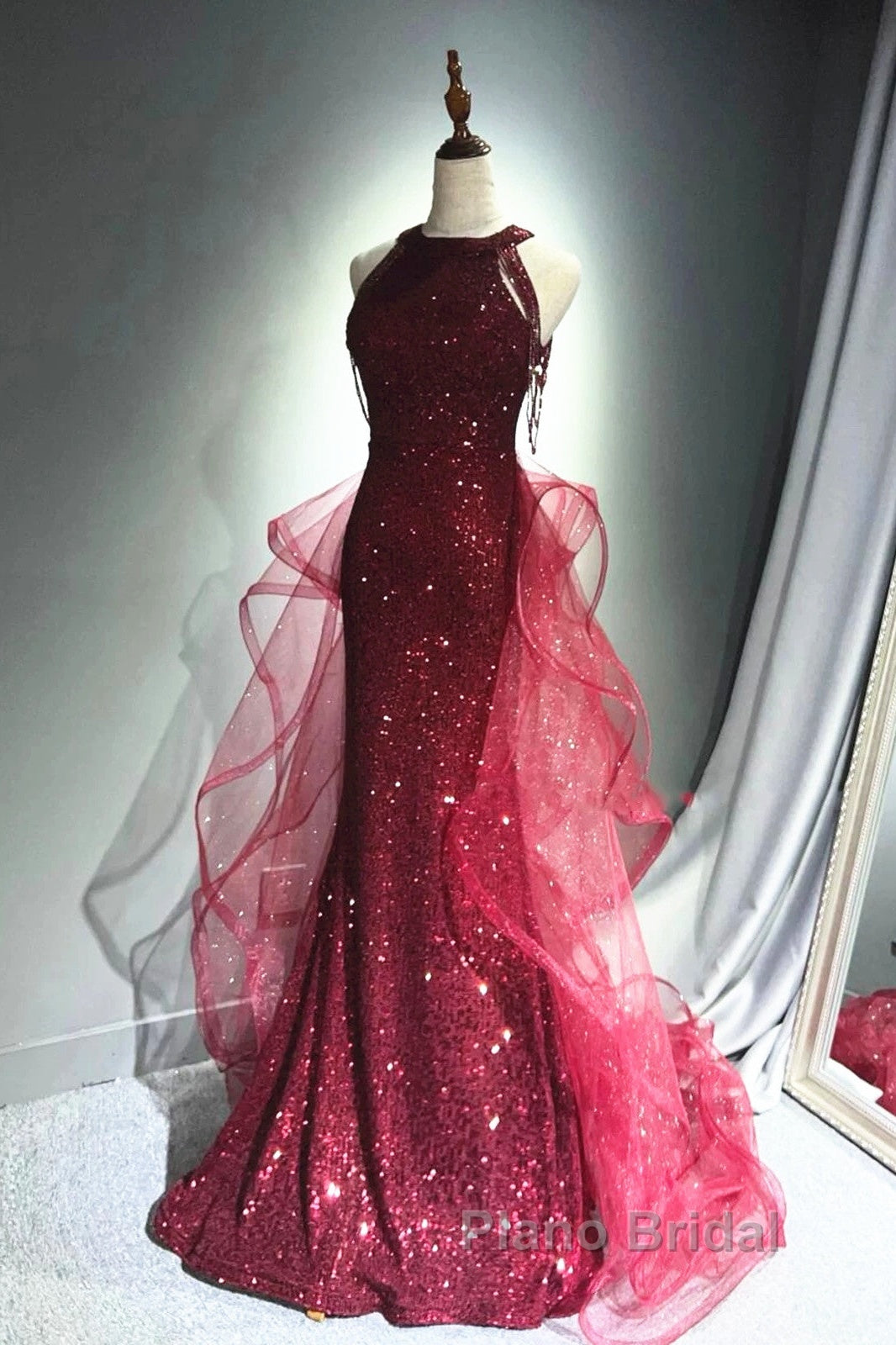 Wine Red Tulle And Sequins Halter Long Party Dresses, Wine Red New Style Formal Prom Dresses