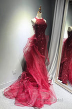 Wine Red Tulle And Sequins Halter Long Party Dresses, Wine Red New Style Formal Prom Dresses