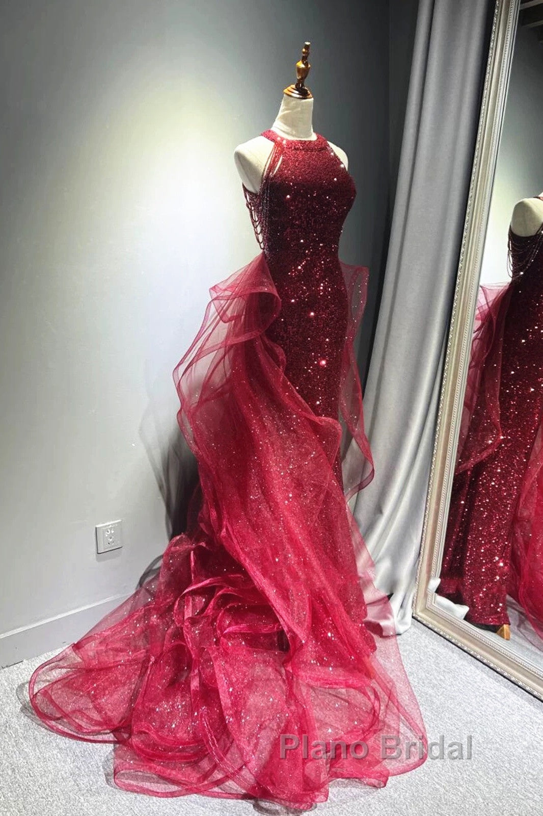 Wine Red Tulle And Sequins Halter Long Party Dresses, Wine Red New Style Formal Prom Dresses