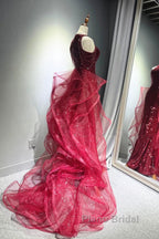 Wine Red Tulle And Sequins Halter Long Party Dresses, Wine Red New Style Formal Prom Dresses