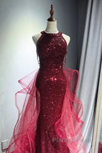 Wine Red Tulle And Sequins Halter Long Party Dresses, Wine Red New Style Formal Prom Dresses