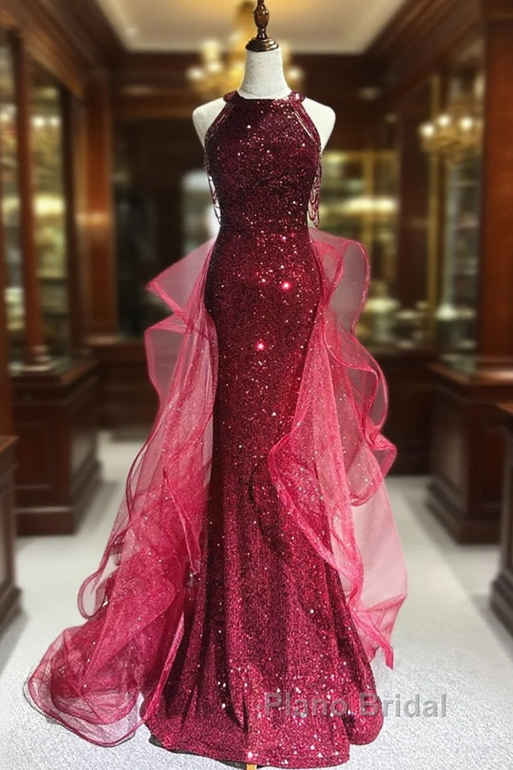 Wine Red Tulle And Sequins Halter Long Party Dresses, Wine Red New Style Formal Prom Dresses Main image