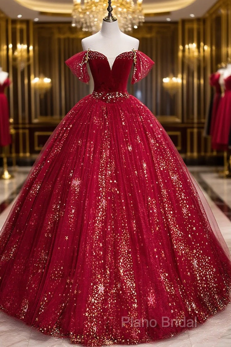 Wine Red Tulle Ball Gown Beaded Sweetheart Party Dresses, Wine Red Formal Prom Dresses Main image