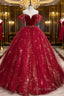 Wine Red Tulle Ball Gown Beaded Sweetheart Party Dresses, Wine Red Formal Prom Dresses