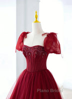 Wine Red Tulle Beaded Long Formal Prom Dresses, A-Line Sweetheart Formal Evening Dresses